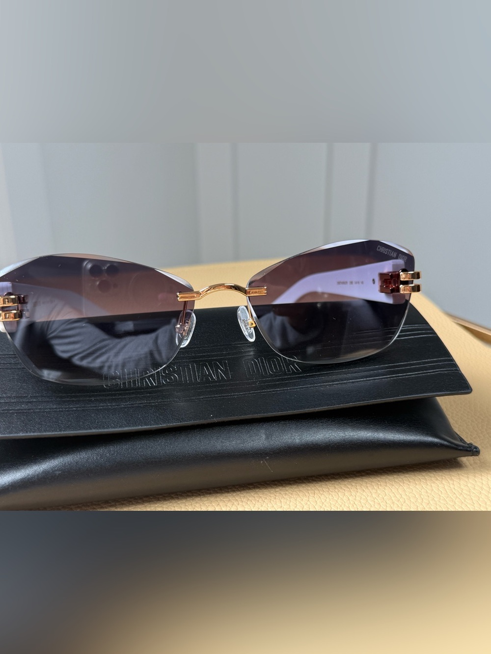 Dior Rimless Sunglasses with Gold Bridge and Black Gradient Lenses - Picture 2 of 9
